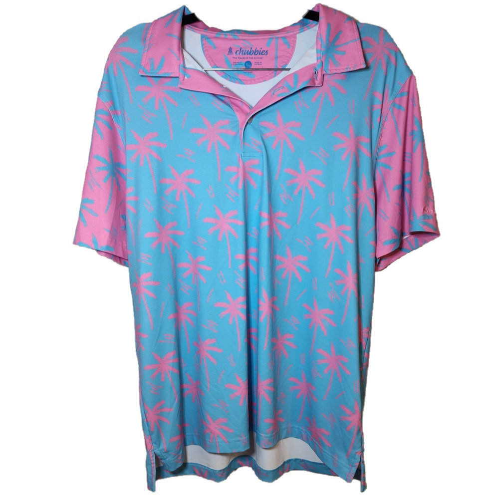 Chubbies Performance Pink/Blue Men's‎ Palm Trees Polo Shirt Size XL